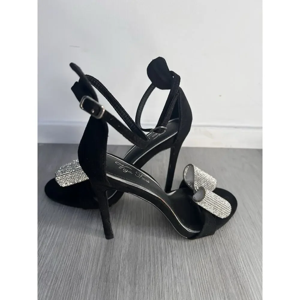 Liliana Mixie 1 Black Suede High Heel with Rhinestone Bow Size 7